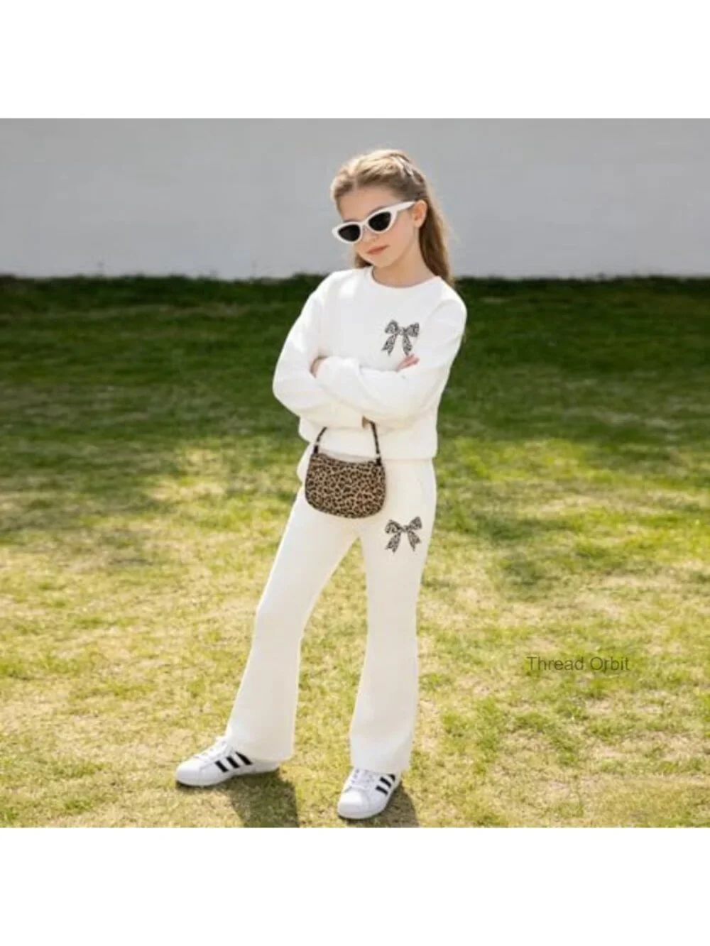 Tween Girls Long Sleeve Graphic Sweatshirt + Bow Knot Pants 2 Piece Set